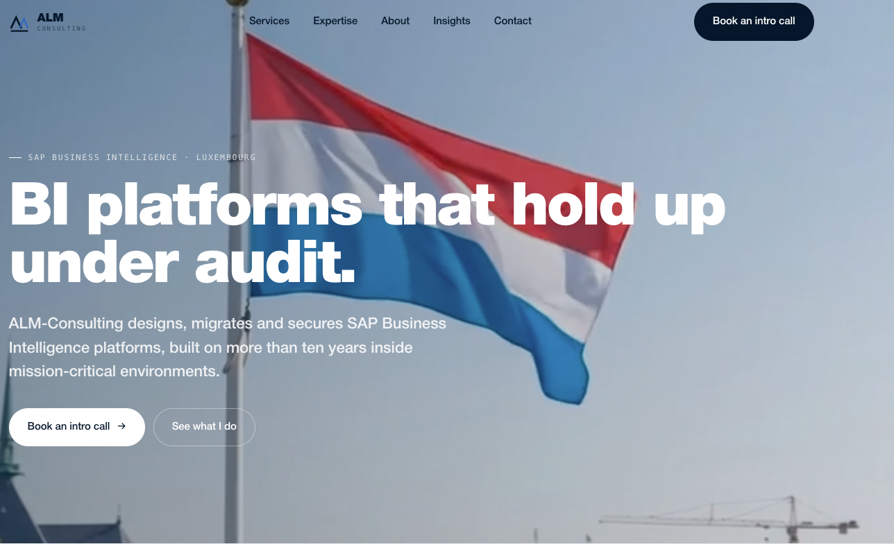 Page d'accueil du site ALM-Consulting, cabinet de conseil SAP BI à Luxembourg