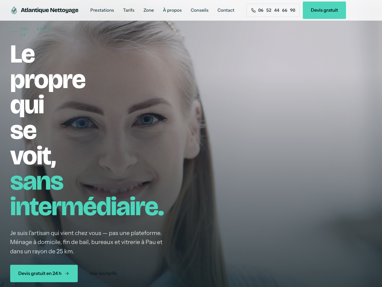 Page d'accueil du site de nettoyage à Pau, avec vidéo en bandeau